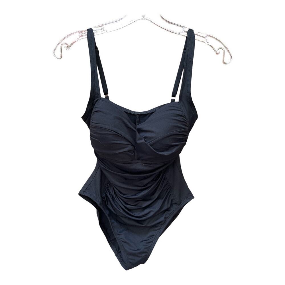 La Blanca Island Goddess Rouched Front Bandeau One Piece Swimsuit XS Black